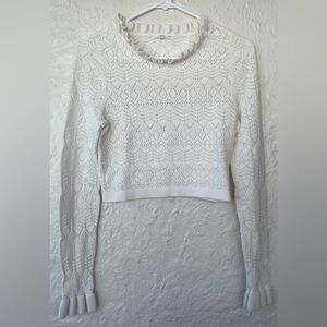 Tularosa Lana 100% nylon knit sweater, cream/white, ruffle neck, cropped; size S